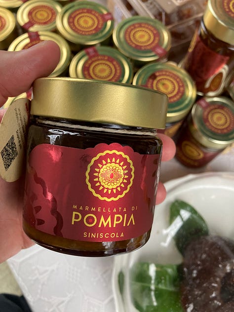 Images taken of pompia, a knobbly, round green fruit; some jars containing pompia marmalde and the mother and son team who make the product.