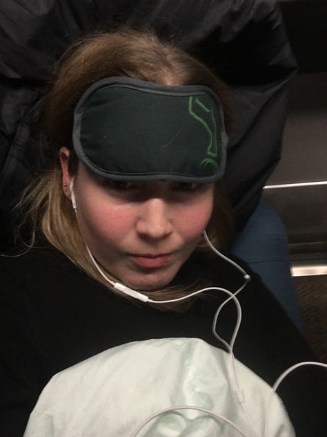 Image 1: Female lies down on a double train seat wearing an eyemask and earphones. Image 2: a fitness watch shows 56 minutes sleep. Image 3: dawn rising over the snow-capped Cairn Gorm Mountains from Aviemore.