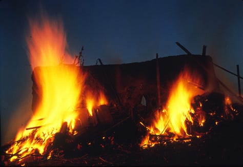 Images of a 10 foot tall clay structure, before, during burning, and after burning