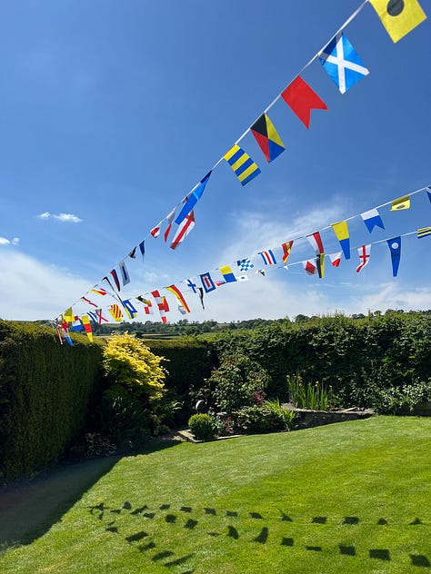 A blue and yellow flag with the boat's name "Tartuga" on it, with imagers of a fish and a pen (our dual passions) billowing against blue sky