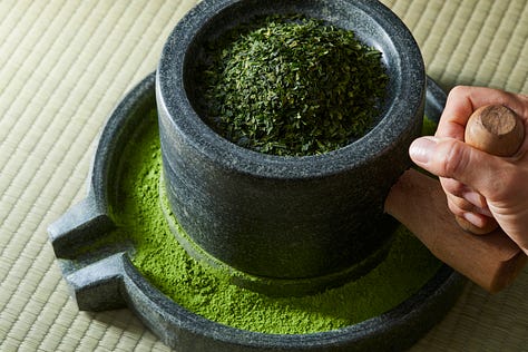a photo of tencha being harvested, a photo of tencha being ground into matcha by stone mill, a photo of matcha powder.