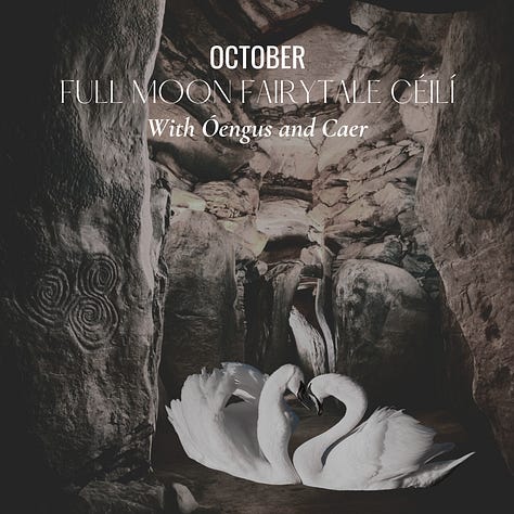 Three promotional images for Full Moon Fairytale Céilí events: October featuring swans in Newgrange, November showing the Cailleach by the sea, and December displaying a selkie figure on green cliffs.