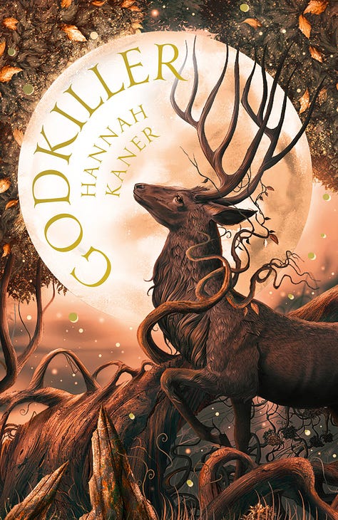 Three book covers: one featuring a deer with large antlers, one featuring a blur and orange dragon, one featuring a ship being overtaken by a sea monster