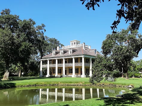 Three pictures showing the outside of the Houmas House plantation, a large 2 and a half story structure with four pillars and a balcony on each side. There is a large tree and a pond in the foreground of two of the photos.