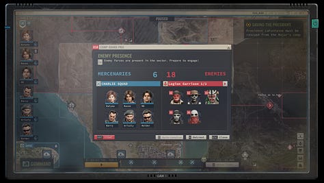 Screenshots of Jagged Alliance 3 by Haemimont Games. Some screenshots are in top-down perspective showing mercenaries in a level in the fictional African nation of Grand Chien and others are full pictures of NPCs (Non-Player-Characters) in dialogue with the player, or the map display in a diegetic UI.