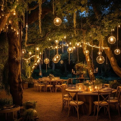 A whimsical wedding dinner set up under a canopy of trees. A loungeroom AI generated image with a center fireplace, mustard velvet couches and round windows. A photo of a china teacup with coffee pouring in