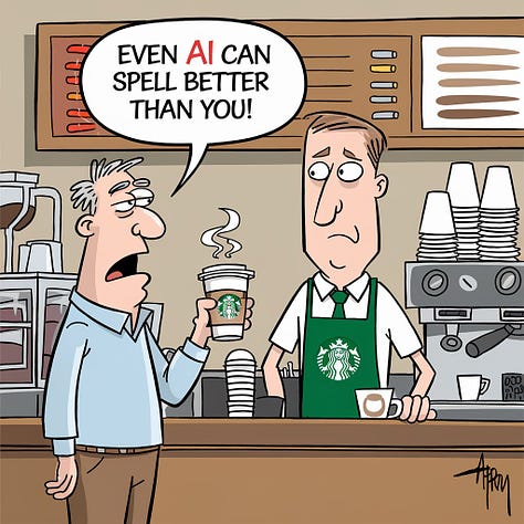 Cartoon illustration: Starbucks coffee shop. A frowning customer holds a coffee cup, saying to the barista, “Even AI can spell better than you!” The barista stands behind the counter, next to coffee machines, stacked cups, and ingredients. by DALL-E, FLUX, Ideogram, Imagen, Midjourney, Recraft. Stable Diffusion