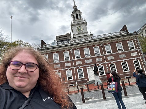 img 1: selfie in front of independence hall in philly; img 2 a shot of elfreth's alley in philly; img 3: a posed photo of me with mazey eddings.