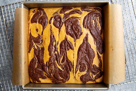 Process shots showing how to make pumpkin cheesecake brownies