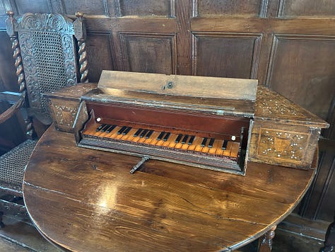 The music room, Westwood Manor House, Wiltshire. Two rare musical instruments, a virginal and spinet. 