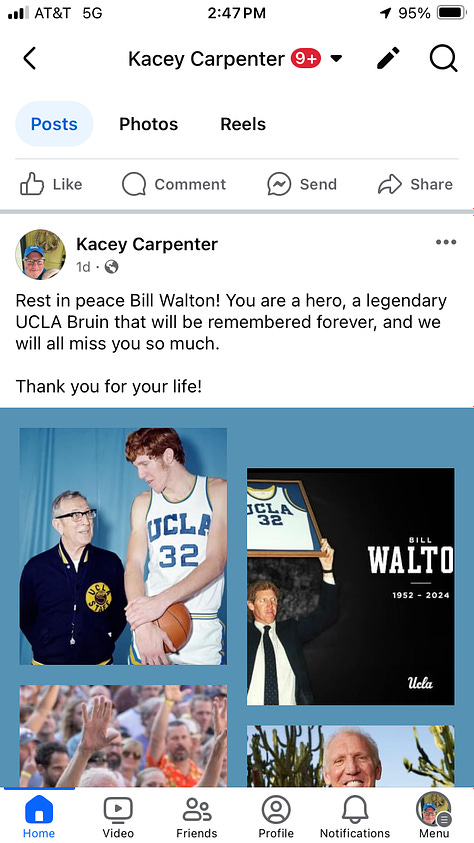 Kacey is holding Bill Walton autographed basketball, Mick Cronin statement, and social media post