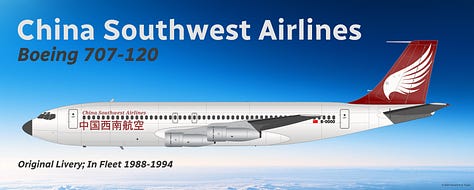 A selection of aircraft types formerly used by China Southwest Airlines: 1) Boeing 707-120; 2) Boeing 707-320B, 3) Tupolev Tu-154M, 4) Boeing 757-200, 5) Boeing 767-300ER, 6) Boeing 737-800, 7) Sukhoi SSJ100, 8) Tupolev Tu-214, and 9) Boeing 737-300 - all shown in side view.