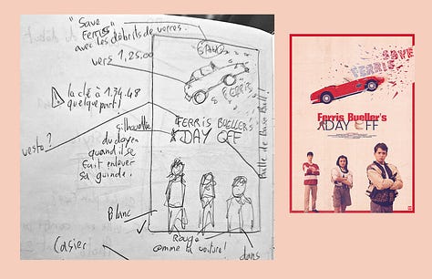 visual references of Gokaiju's sketchbooking process next to the finished pieces. Small messy thumbnail illustrations with arrows pointing to scribbled notes in French.