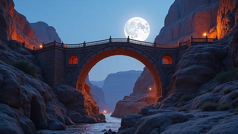 An ancient, ornate bridge spans a canyon. The bridge has intricate carvings and arches, and stands out against the rocky background, twilight sky with soft moonlight