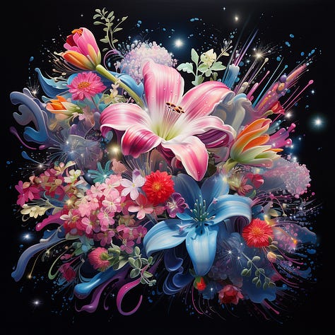 Midjourney result for "sparklecore" + party, flowers, and jungle