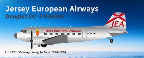 A selection of aircraft from the historic Jersey European fleet: 1) Douglas DC-3, 2) Vickers Viscount, 3) Britten-Norman BN-2B Islander, 4) Fokker F27, 5) Fokker 50, 6) Dornier 228, 7) ATR 42, 8) Avro RJ85, and 9) Viking DHC-6-400 Twin Otter - all shown in side view.