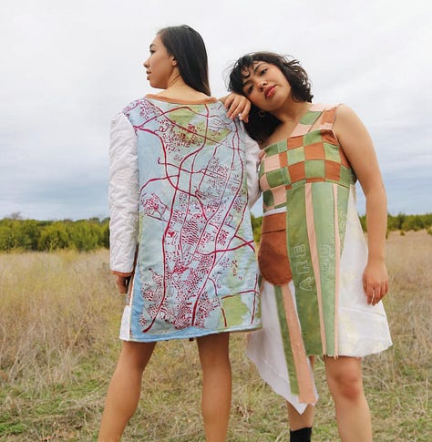 Three images, on the left two models in a field, one wearing a coat with a screenprinted map on the back of it