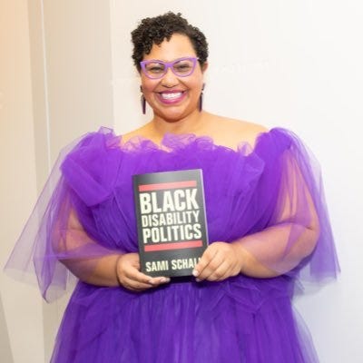 Left: Black woman with salt-and-pepper black hair wears her black hair in a twist; she sears earings, a white shirt, and black blazer. Middle: A black woman with short hair wears classes and a purple dress; she holds a book in front of her that reads Black Disability Politics. Right: An Asian woman with black hair wears glasses and a black shirt and dark brown jacket.