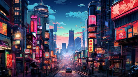 Anime style city, cyberpunk futuristic city in the style of Syd Mead, series of t-shirt designs with abstract art