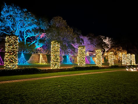 images of Christmas lights and lanterns including a tunnel of light and a tree of books