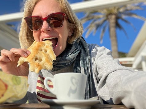 Top L-R: Coco joyously digging for clams, happy bare winter feet in the sand, beautiful Varigotti, beachbasketball court, my favorite place for pasta al pesto in Spotorno, sunset from our room, trofie al pesto, my smile says it all: nothing like Ligurian focaccia for breakfast, fresh local anchovies 2 ways