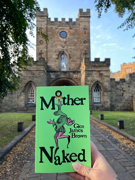 Six photos featuring the bright green paperback of Mother Naked in front of Durham Cathedral.