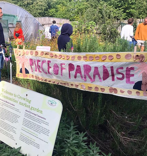 Growing Communities London veg box scheme, with images showing Mary one of the customers, the Stoke Newington Farmers' Market, and Millie Sandy's banner at Growing Communities' Clissold Park growing site.