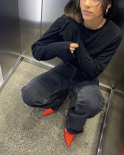 Red shoes. Boots. High boots. Ballerinas.