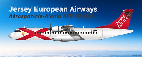 The current Jersey European Airways passenger fleet: 1) Airbus A220-100, 2) ATR 72-600, and Aria V42 VTOL, all in current livery and shown in side view. 