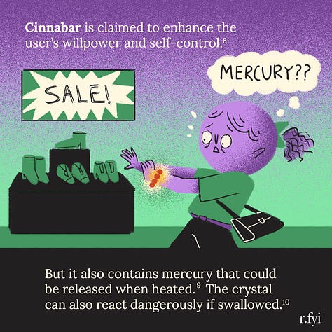 Illustrated data visualizations about 3 individuals finding out that Tiger's Eye, Cinnabar, and Orpiment are also toxic, despite many people only thinking that they have "energy" qualities.