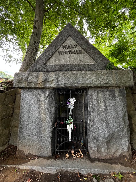 Images of Walt Whitman's final resting place: tomb, trees, plaque.