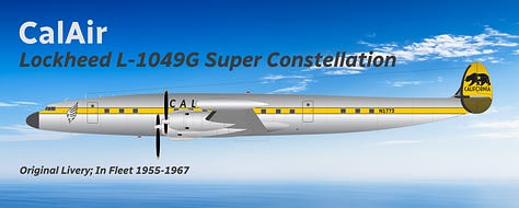 A selection of former CalJet aircraft in pre-current liveries, including 1) Douglas DC-3), 2) Douglas DC-6, 3) Lockheed L-1049 Super Constellation, 4) Boeing 707-320B, Boeing 727-200 Advanced, Douglas DC-9-30, Boeing 757-200, Fokker 70, and Fokker 100 - all shown in side view.