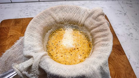 Photo 1: The foamy mixture of melted butter and cornstarch 2: The foam being poured into a cheesecloth-lined sieve 3: the contents of the sieve after draining
