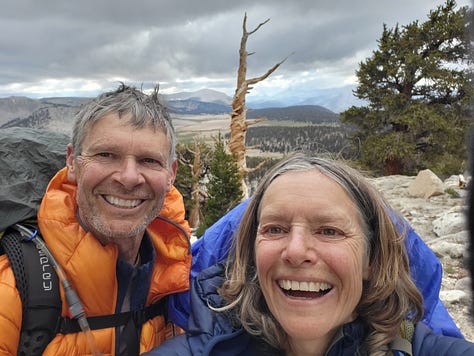 images of the granite and greenery of the majestic southern Sierra Nevada: Melanie and John at a bridge, PCT sign posts, mid-day nap,storm clouds coming, and atop Mt. Whitney at 14,505 feet