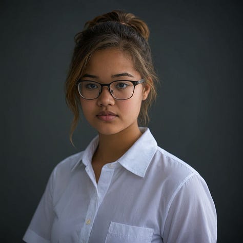 A young woman wearing glasses and a white button-up shirt in different poses