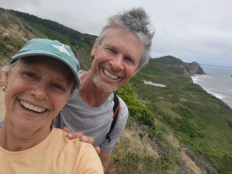 photos of trees, shoreline, and Melanie and John smiling with the rugged coastline behind them