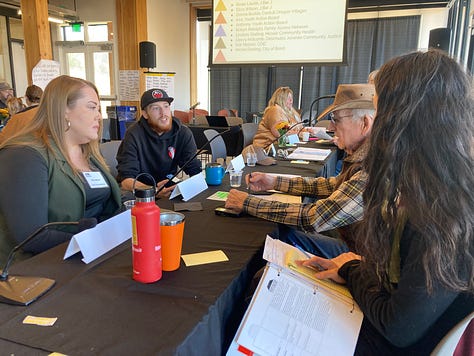 First two photos include Deschutes assembly members deliberating in small groups, and the third photo has a women looking at a wall with priorities that have been written up.