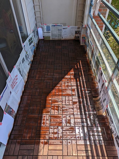 Three photos of a balcony: The first showing faded tiles, the second showing them wet after being sprayed, the third showing them with a much richer, deeper brown.