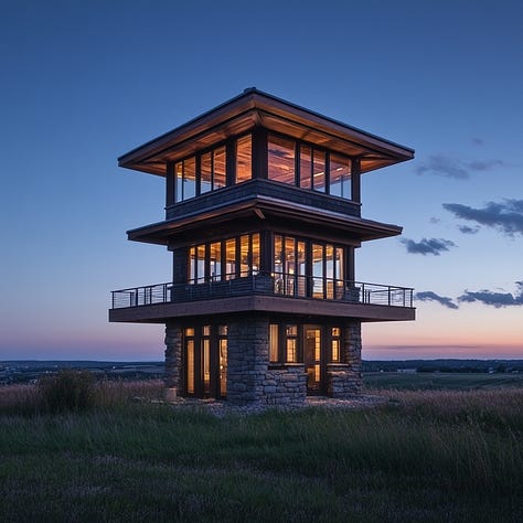 Prairie style hut, mansion, and tower in Midjourney