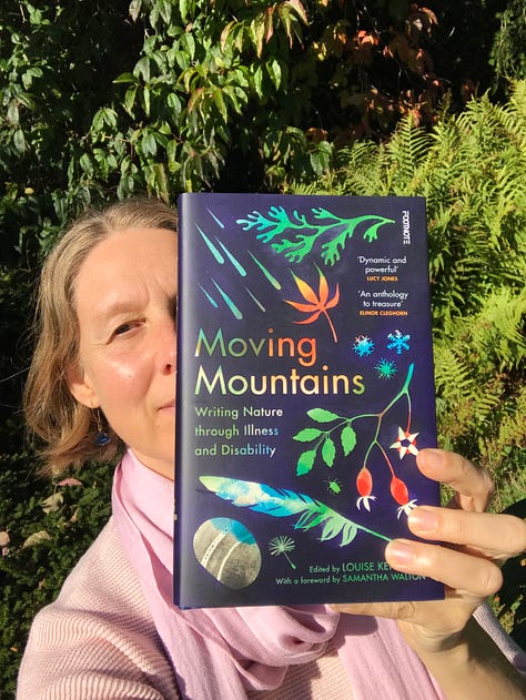 eight images of Moving Mountains book in different spots around the gardens, with shadows cast across the cover and autumnal colours of trees and bracken and mosses.