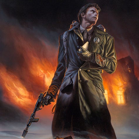 LEFT: Detail of Guy Montag standing in front of a burning house as he tucks a book into his leather jacket. A pile of books smolders in front of him, clearly lit on fire by him. He holds a pistol shaped igniter for his flamethrower in hand. CENTER: Close detail of the Guy Montag's wardrobe featuring a Phoenix emblem on his chest, salamanders on his jacket cuffs, and the number 451 on his collar. RIGHT: PARADOX (2020), Acrylic, 13 ½" x 8 ½", Figure study for FAHRENHEIT 451 by Ray Bradbury featuring Guy Montag concealing a book under his jacket. He wears a Gestapo style coat with a fuel tank strapped to his back and a Salamander (flamethrower) in his hand. Notably, the figure is more dashing here than the finished cover.