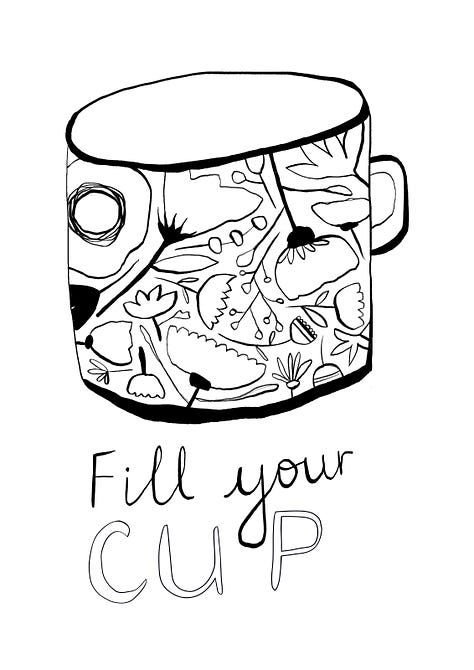 decorated mugs for colouring book (in black and white) - illustrated by Tasha Goddard