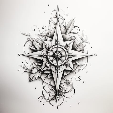 Tattoo designs for Abstract, compass, snake prompts in Midjourney