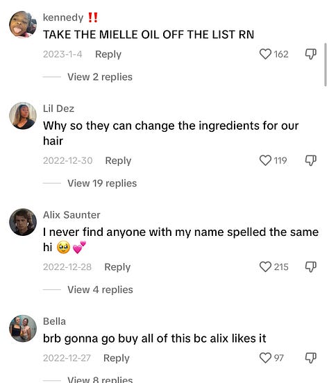 comments on Alix Earle's video on Mielle Organics