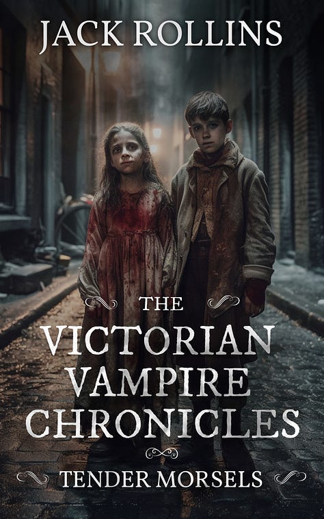 Cover art for Jack Rollins' books includes: the Victorian Vampire Chronicles stories: Tender Morsels - a vampire with a bloody mouth, Doctor Blessing's Curse - an indistinct creature with humanoid features, Doctor Blessing's Rapture, a handsome face with golden eyes, A Christmas Blessing - a veiny human face with skeletal features, and the covers for Jack's non vampire books: The Seance - a skull, candle, and dagger, Tread Gently Amidst the Barrows - a shaft of light in a cavern illuminates a monstrous troll creature, Dead Shore - a zombie emerging from the sea, Hard Man - a blood-splattered brick alley with a hooded figure standing under a streetlamp, Scattered Ashes - a cracked skull emerging from rolling clouds of ashes