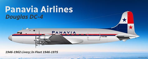 A selection of former Panavia Airlines aircraft: 1) Douglas DC-4, 2) Douglas DC-3, 3) de Havilland DHC-3 Otter, 4) Douglas DC-6, 5) Douglas DC-8-63/73, 6) Douglas DC-8-63CF, 7) Douglas DC-9-30, 8) Boeing 717-200, and 9) Fokker 100 - all shown in side view.