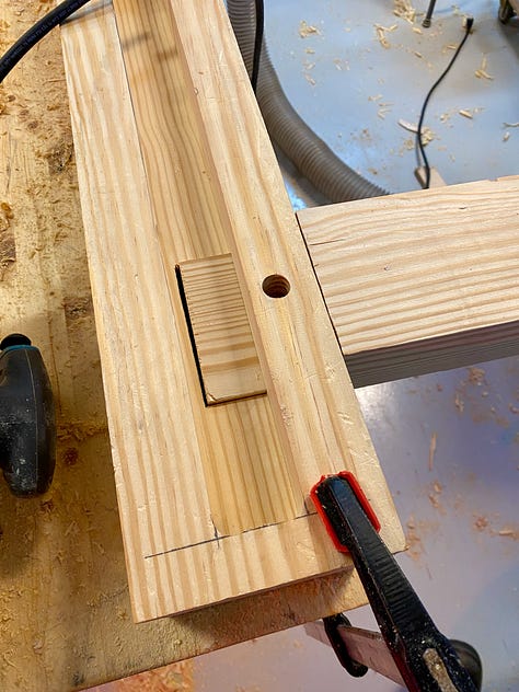 An image of vice installation instructions followed by the process of cutting a mortise and drilling some holes.