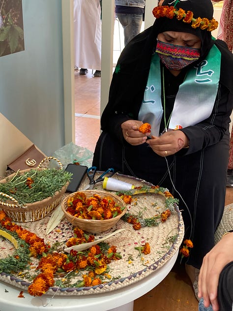 Three images of Saudi Arabian food. The first features a man in a typical headdress the second a woman wearing a black abaya, and the third a basket of spices.