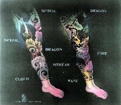 1) There are 2 legs that are tattooed in traditional Japanese style in the center of the image, on a black background. There is text around each tattoo, like Spiral, Cloud, Dragon, and Fire. 2) Half of a tattooed muscular man is seen in the top left and the bottom right. Each of his shoulders is covered in traditional Japanese style tattoos. There are light beams coming out of different places, including his nipple in the lower right corner. 3) A muscular tattooed man is seen against a red background. Only one of his arms is fully drawn, and both shoulders are covered in traditional Japanese tattoos. He is wearing a white and black polka-dot thong, and there is some blue rope wrapped around his chest, and in his mouth. 4) A black and white piece showing a muscular tattooed Asian man. There is rope in the background, and he is holding some rope in his mouth. He has tattooed shoulders and pecs, and short black hair. 5) A dark blue background, with different tattooed limbs in the center. There are 2 arms, and one leg, tattooed with traditional Japanese style tattoos. There are also different colored circles with Japanese text in them scattered around the art piece.
