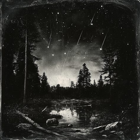 Fox, fruit basket, shooting stars, daguerreotype in Midjourney